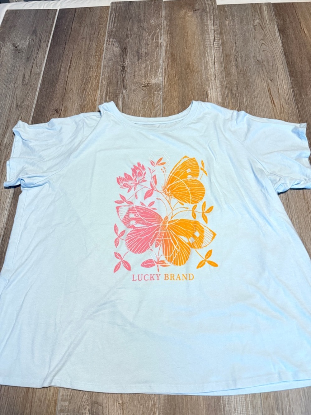 Lucky Brand Light Blue Tee with Pink and Orange Butterfly Artwork